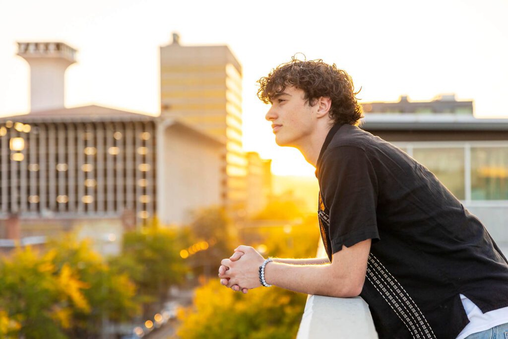 Urban Spokane Senior Portrait Locations: Parking Garage at sunset